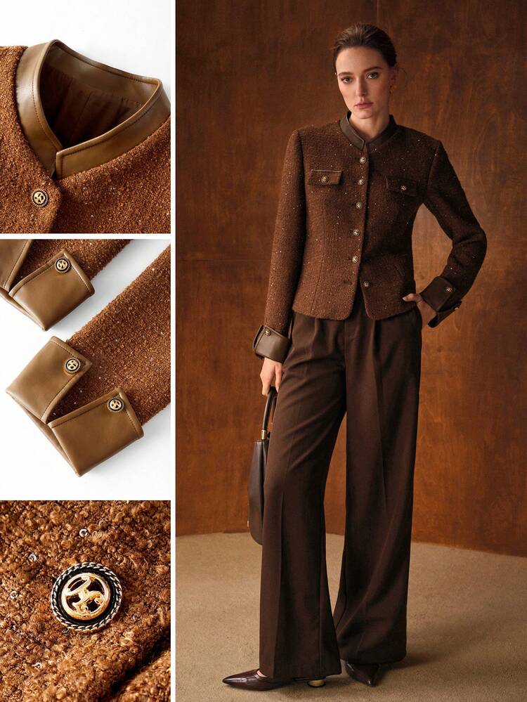 VESTE COURTE FEMME CHIC COL MONTANT CONTRASTÉ  PU À SIMPLE BOUTONNAGE AVEC SEQUINS, AUTOMNE/HIVER