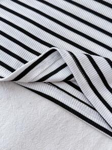 SHEIN Teen Girls' Striped Crew Neck Fitted Casual Cropped Long Sleeve T-Shirt,Summer,Y2k,Vacation,Streetwear,Holiday,New Years - Black and White - View 4