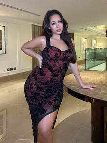 NegzBox Women's Elegant Floral Flocked Mesh Slit Dress,Black Homecoming Dress,Witch Dress,Vampire Dress,Elegant Women Dresses,Day Of The Dead Outfit,Goth - Red and Black - View 5