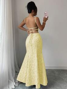 Rafferiza Váy dự tiệc màu xanh họa tiết hoa satin không tay thời trang đa năng dành cho nữ - Vàng nhạt - Xem 2