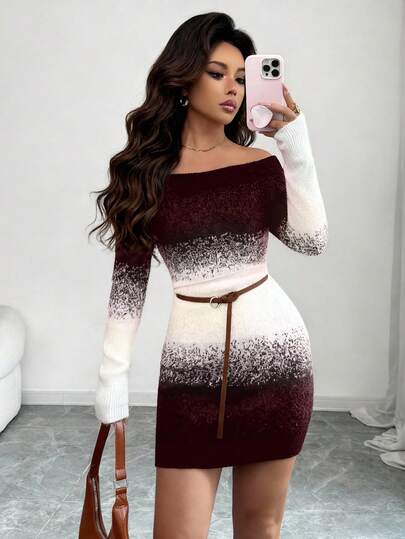 Rafferiza 优雅性感修身渐变色芝麻籽提花露肩长袖连衣裙，大地色系，适合婚礼宾客及秋冬季穿着。