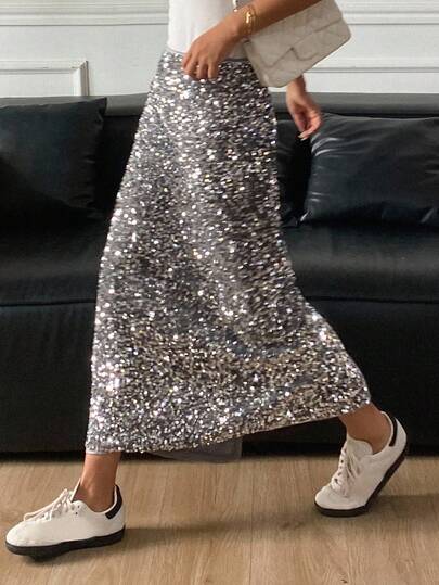 Livesso Sequin Embellished Women's A-Line Skirt, Minimalist & Fashionable For Casual Day And Party Prom Luxury New Years Women Outfit Carnival