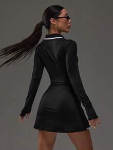 Dewbera 女士户外运动Polo领长袖连衣裙配短裤，黑白配色，带手机口袋 - 黑與白 - 查看 2