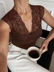 Siren Gaze Women's Contrast Lace V-Neck Sleeveless Fitted Blouse Summer Elegant Brown - Brown - View 3