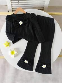 Girls Casual Minimalist Round Neck Raglan Long Sleeve Short Solid Color 3D Bow Knit Flower T-Shirt Paired With High Waist Long Flared Solid Color Fuzzy Ribbed Pants Set, Fashionable Autumn/WinterTwo Piecese Outfit For Girls - Black - View 3