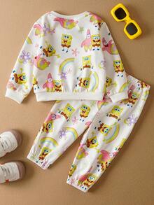 SpongeBob SquarePants | SHEIN Baby Girl Cartoon & Floral Print Cute Knit Loose Fit Crew Neck Drop Shoulder Long Sleeve Sweatshirt And Sweatpants Set, Autumn/Winter - White - View 2