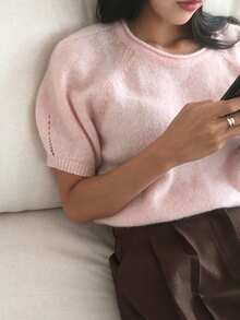 DAZY Loose Fit Short Puff Sleeve Lightweight Soft Knit Sweater For Women - Pink - View 1