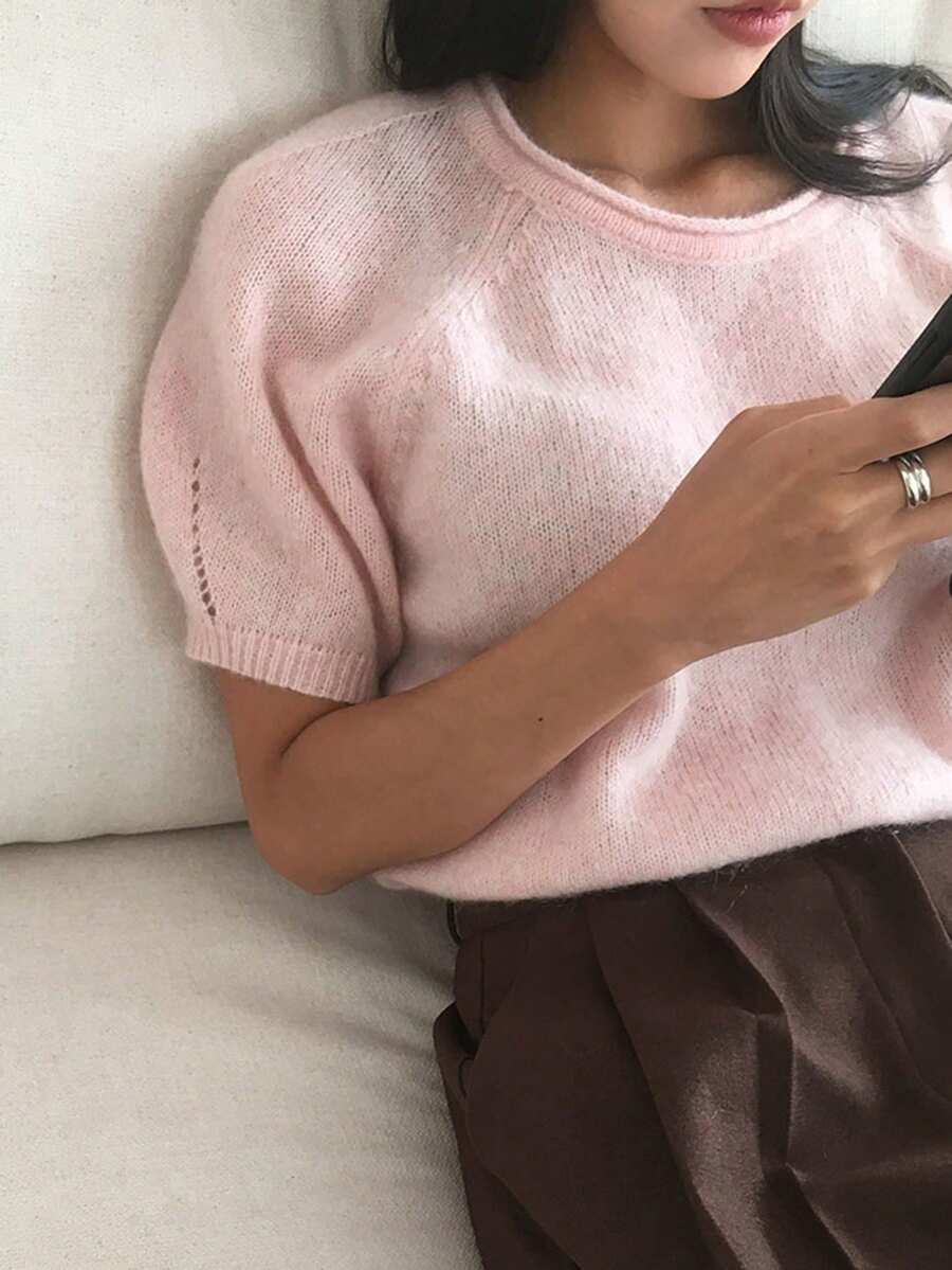 DAZY Loose Fit Short Puff Sleeve Lightweight Soft Knit Sweater For Women - Pink - View 1