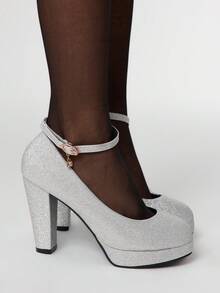 ROMWE Giày cao gót bạc dành cho nữ, mũi kín, quai cài, gót nhọn, đế chống thấm nước, giày công sở trang trọng, giày cao gót thấp cho dịp Giáng sinh - Bạc - Xem 3