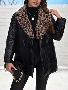 SHEIN LUNE Plus Size Quilted Coat With Leopard Furry Collar, Thick Black Top, Stylish New Year Christmas Winter - Black - View 5