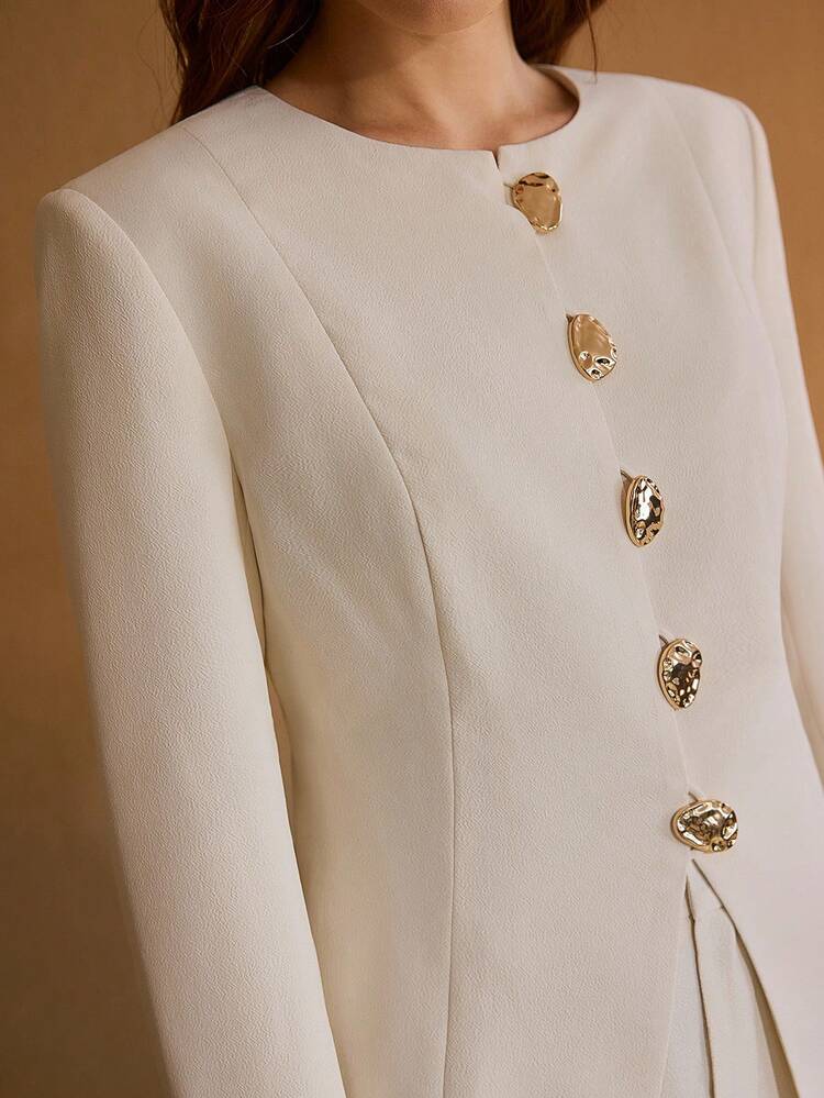 Traje de blazer y pantalón largo de tela texturizada con hebilla metálica especial, elegante y para uso diario para mujer, primavera/otoño