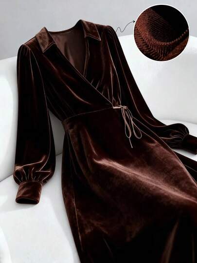 GlowEve Women's Velvet Waist A-Line Fitted Elegant Everyday Commute Fashion French Street Vintage Versatile Christmas Party New Year Holiday Business Brown Long Sleeve Dress, Autumn/Winter