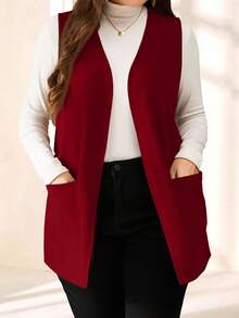 SHEIN PETITE CURVE Einfacher, locker sitzender Mantel in Unifarbe ohne Ärmel mit Tasche, Große Größen, für Frühling/Sommer, Urlaub im Herbst/Winter - Rot - Übersicht 5
