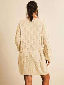 Freevana 大码女式绿色格子圆领长袖休闲宽松针织毛衣连衣裙，乡村风格，适合秋冬季穿着 - 杏色 - 查看 2