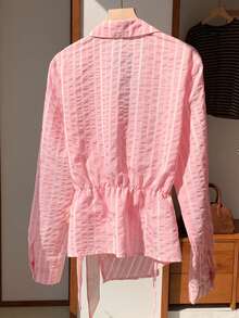 Comfortcana Pink Striped Women's Tie Front Long Sleeve Shirt Pink Blouse - Pink - View 2
