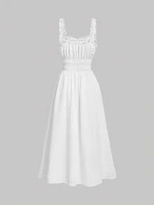 SHEIN MOD 休閒褶皺邊 打結 胸部褶皺純色女士連衣裙 - 白色 - 查看 2