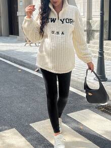 SHEIN Maternity Letter Embroidery Zipper Partial Placket Long Sleeve Fleece Sweatshirt And Adjustable Waist Leggings Casual Suit - Multicolor - View 4