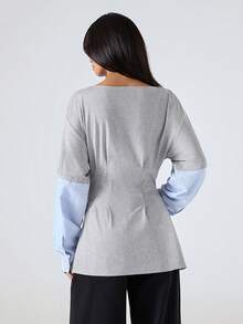 LYSMO 2026 New Arrive Minimalism Spring/Summer Women's Color Block Simple Long Sleeve T-Shirt, Everyday Wear Sleeve Top Modest Top Women's Grey Tops Long Sleeve Top Bell Sleeves - Light Grey - View 2