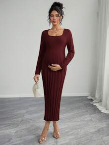 Momance 女士孕妇宽松方领罗纹喇叭下摆长袖针织毛衣连衣裙，舒适优雅 - 酒紅色 - 查看 8