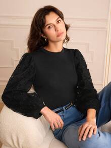 Lilora 女士优雅串珠刺绣灯笼袖修身衬衫，春秋季女士优雅时尚 - 黑色 - 查看 9