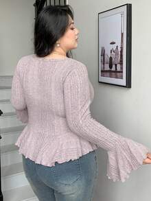 Dazy Plus 性感V领弹力修身长袖加大码女式T恤，春秋季 - 淺灰紫 - 查看 2