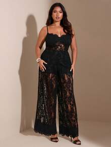SHEIN BAE 大码女式黑色蕾丝吊带连体裤 - 黑色 - 查看 6