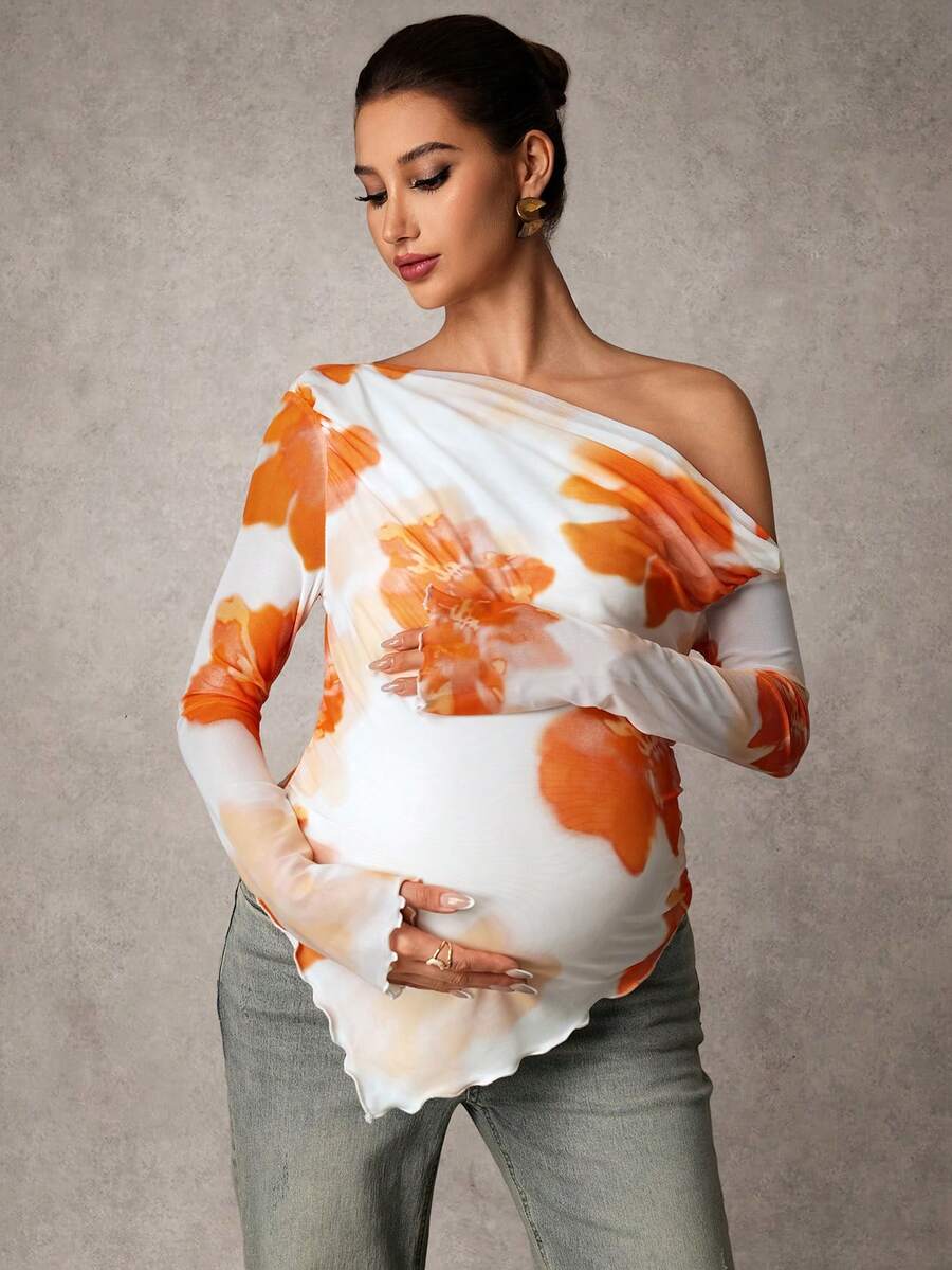 MaterniChic 孕妇碎花不对称下摆修身长袖T恤 - 珊瑚橙 - 查看 1