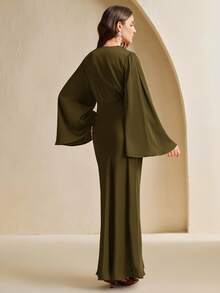 Anewsta Nuevo vestido de manga larga ajustado con cuello en V y cintura fruncida, elegante para festival/boda/fiesta, adecuado para primavera, verano, Día de San Valentín, Carnaval - Verde Oliva - Ver 7