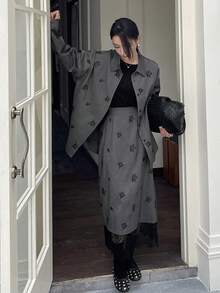 DAZY Women's Butterfly & Flower Embroidered Collar Loose Long Sleeve Shirt And Lace Patchwork Long Skirt Casual 2-Piece Set - Grey - View 2