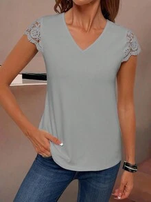 EMERY ROSE Women's Solid Color V-Neck Hollow Out Short Sleeve T-Shirt, Casual - Grey - View 5