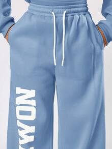 SUMWON Letter Print Hoodie And Wide Leg Jogger Co-Ord Set For Casual Weekend Comfort Winter Wear Vacation - Blue - View 5