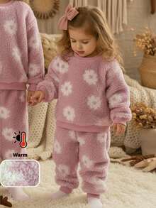 LMoss Kids LMoss Kinder 2 Stücke Set aus Strickpullover und Leggings für Babys mit Blumenmuster und Rundhalsausschnitt, Fleece-Set für Babys und Kleinkinder, Winterkleidung für Babys und Kleinkinder, Sherpa-Set mit Blumenmuster, zweiteiliges Set für Babys und Kleinkinder, warmes Set