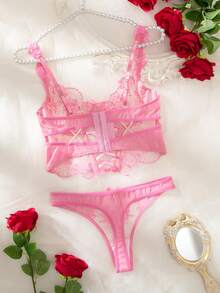 Set de 2 piezas de camiseta y tanga transparente bordado de unicolor y con cordones sexy - Rosa - Ver 2