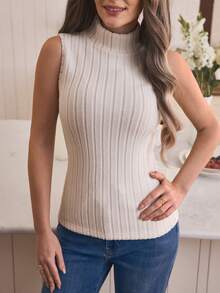 SHEIN LUNE Women's Autumn/Winter Clothing, Turtleneck Ribbed Thermal Lined Undershirt, Slim Fit Sleeveless Tank Top - Apricot - View 3