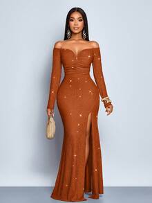 SOLERSUN Women's Fashionable Elegant V-Neck Off Shoulder Mermaid Hem Cocktail Party Night Club Bodycon Sexy Dress, Suitable For Christmas Party Vacation & Dating - Rust Brown - View 6
