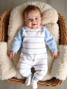 SHEIN 男婴/女婴条纹针织毛衣，舒适长袖连体衣，适合秋冬季，浅蓝色和白色，适合日常穿着、休闲装、户外装、旅行装、日托装 - 彩色 - 查看 8