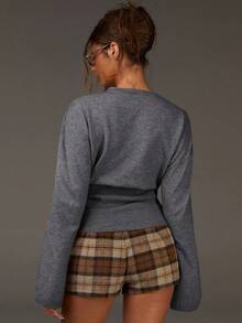 Athîral 女士纯色落肩长袖单排扣休闲短款针织开衫 - 灰色 - 查看 2