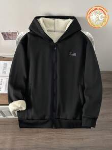 Manfinity Joysei 男士连帽保暖内衬夹克，黑色拉链针织外套，秋冬季 - 黑色 - 查看 3