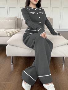 Feyla 2pcs Women Contrast Color Block Button Front Pocket Long Sleeve Top And Pants Set 2 Pieces Set In Fall/Winter - Dark Grey - View 6