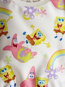 SpongeBob SquarePants | SHEIN Baby Girl Cartoon & Floral Print Cute Knit Loose Fit Crew Neck Drop Shoulder Long Sleeve Sweatshirt And Sweatpants Set, Autumn/Winter - White - View 8