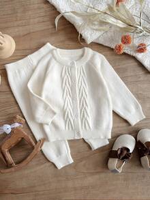 2pcs Baby Girls Minimalist Sweater Set, Infant Toddler White Long Sleeve Sweater Top And Pants Outfit, Casual Suit For Everyday Wear And Outings Baby Knitted Outfit Cream Baby Outfit Baby Knit Two Piece Baby Set Autumn Winter Baby Sweater Sets - Apricot - View 3