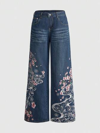 J-Fashion Unisex Retro Street-Style Chinese Tiger & Floral Embroidery Loose Wide-Leg Jeans