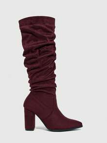 Daringsoles Women's Pointed Toe Pleated Fashionable Elegant High Heel Knee-High Boots For Christmas - Burgundy - View 3