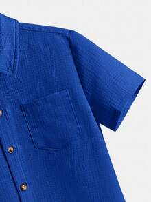 SHEIN Tween Boy's Casual Solid Color Pocket Front Button Short Sleeve Shirt, Summer