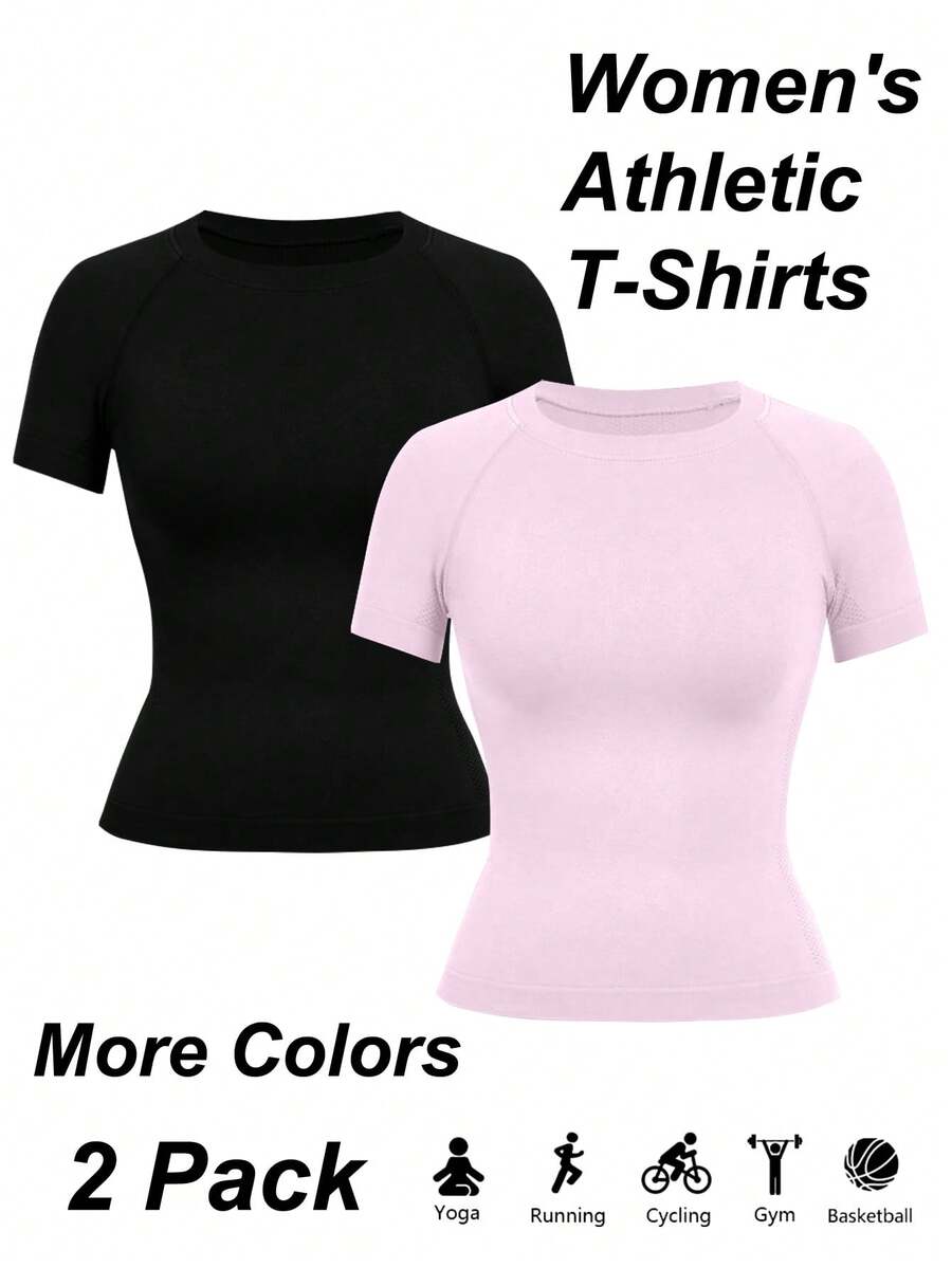 Easithlete 2-częściowa sportowa koszulka sportowa z krótkim rękawem, letnia, casualowa, w jednolitym kolorze, bezszwowa - Wielokolorowe - Zobacz 1