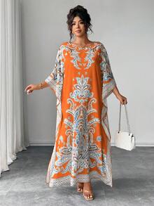 Elenzga 加大码蝙蝠袖圆领印花宽松连衣裙，适合度假和聚会 - 橘色 - 查看 6