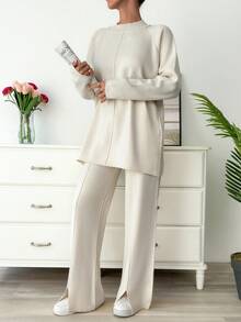 EURMUSE Plus Size Women Autumn Raglan Sleeve Loose Knit Sweater And Knit Pants Casual Suit - Beige - View 3