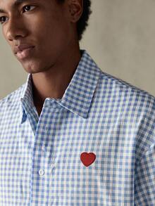 SWAVVY Męska koszula w kratę z haftem w kształcie serca i krótkim rękawem, z guzikami z przodu