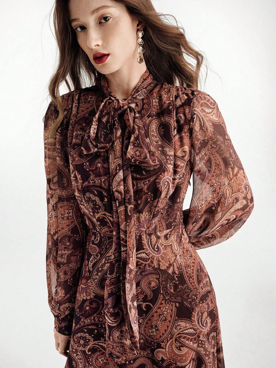 Aveloria Modichic Autumn/Winter Random Cashew Flower Print Chiffon Dress With Tie Collar, Frill Trim And Asymmetric Hem, Long Sleeve - Multicolor - View 1