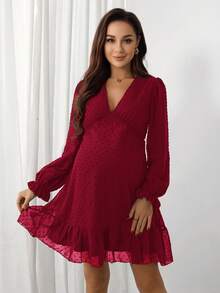 SHEIN 孕妇纯色简约V领长袖休闲连衣裙 - 酒紅色 - 查看 6